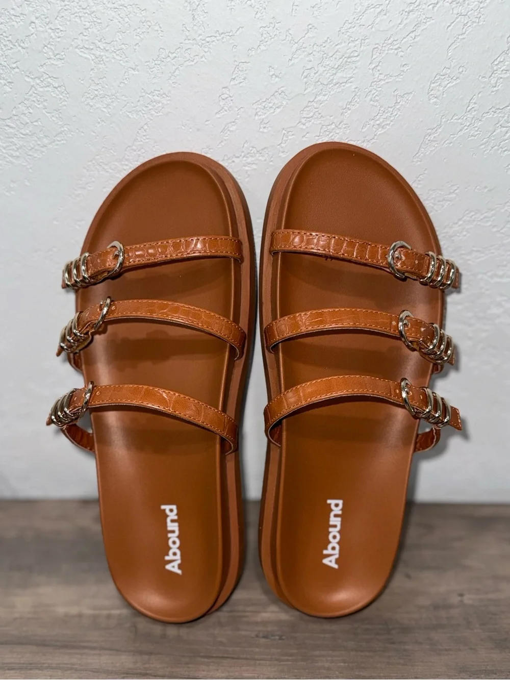 Abound Triple Buckle Slide Sandals in Cognac Brown